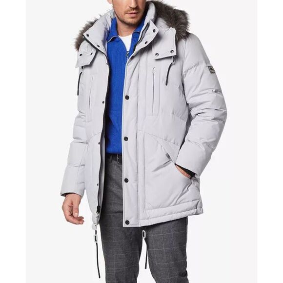 Andrew Marc NWT Tremont Water Resistant Down Quilted Parka Faux Fur Trim Moon L